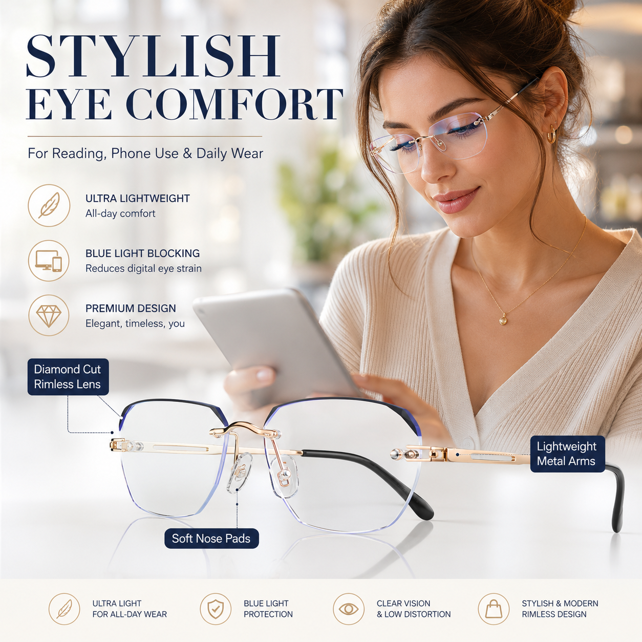 ✨Frameless Blue Light Blocking Reading Glasses 👓 | Lightweight Rimless Anti-Glare Eyewear for Men & Women 💼 Anti Eye Strain for Work & Gaming-ZYY