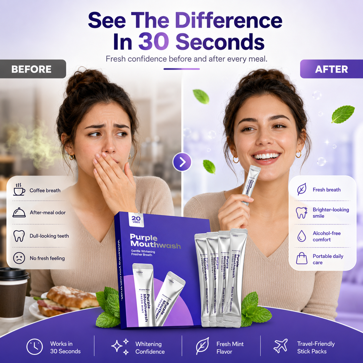 ✨Purple Whitening Mouthwash Sticks 💜 Alcohol-Free Fresh Mint Travel Pack, Gentle Teeth Brightening Rinse, Instant Bad Breath Removal, 20 Count Individually Wrapped Mouthwash for Daily Use-ZZ