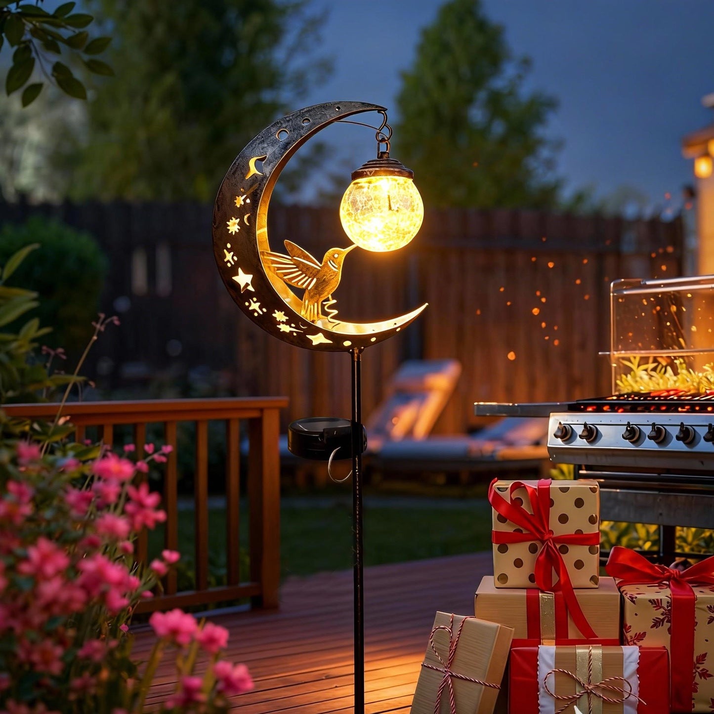 🌙✨ Solar Hummingbird Moon Garden Light 🐦☀️ – Magical Glass Globe Stake Lamp for Enchanting Nighttime Yard Decor 🌿🌌DG