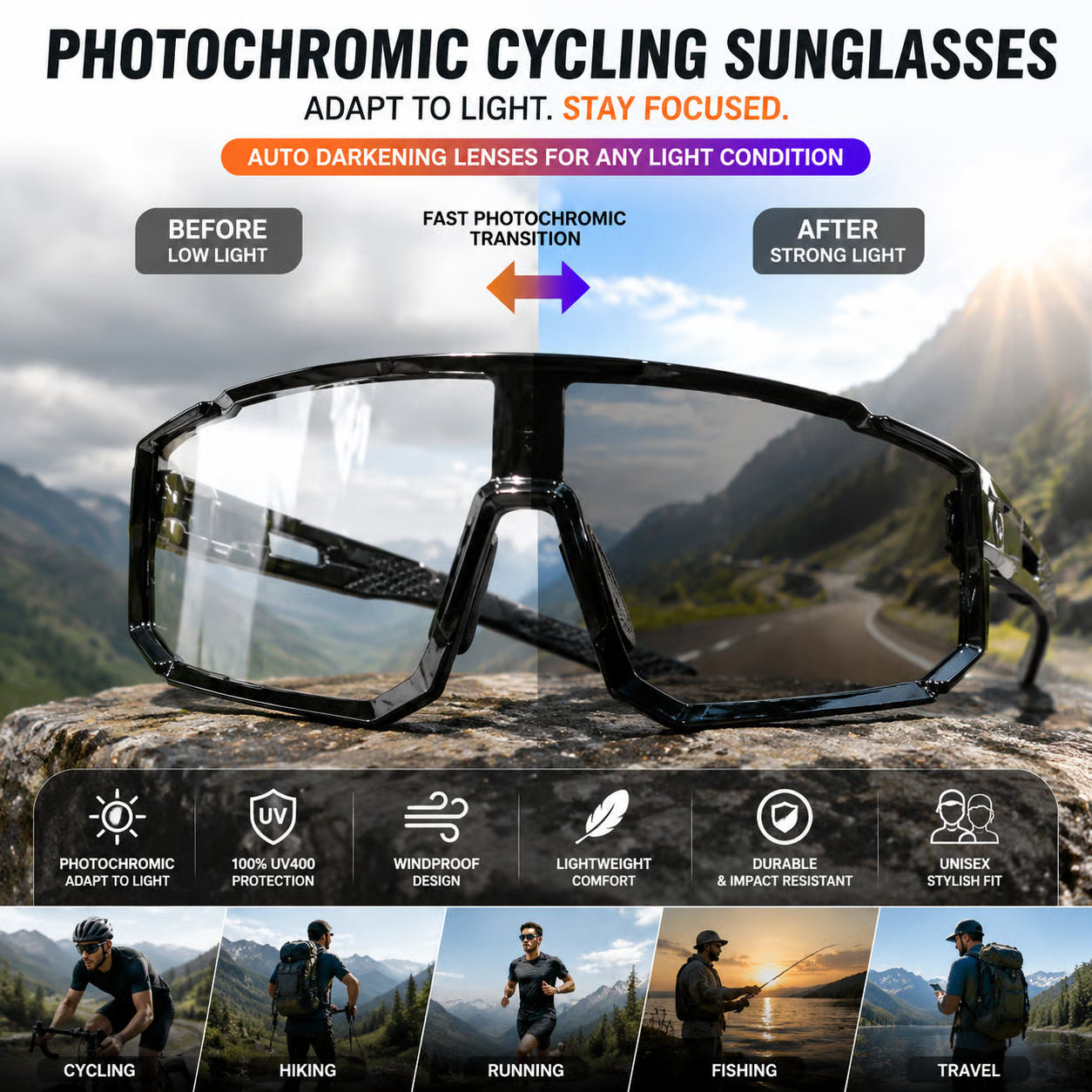 🌞🌙 Day Night Dual Use Cycling Glasses, Photochromic Light Transition Lens, Windproof UV Protection Outdoor Sports Riding Sunglasses-ZYY