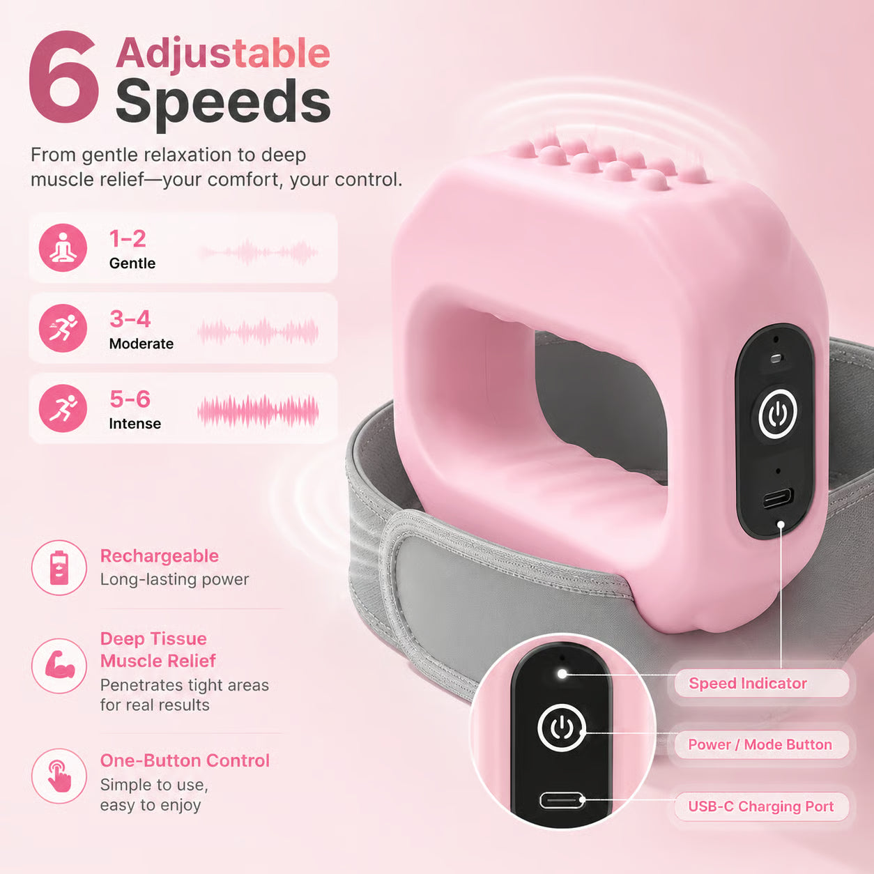 💪 Rechargeable Mini Vibration Massage Ring 💆 | 6 Adjustable Speeds ⚙️ | Cordless Deep Tissue Massager | Portable Muscle Relaxer 🧘 for Yoga, Fitness, Neck & Shoulder Relief-ZYY