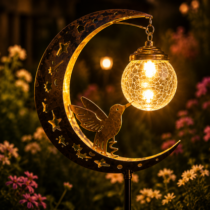 🌙✨ Solar Hummingbird Moon Garden Light 🐦☀️ – Magical Glass Globe Stake Lamp for Enchanting Nighttime Yard Decor 🌿🌌DG