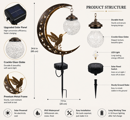 🌙✨ Solar Hummingbird Moon Garden Light 🐦☀️ – Magical Glass Globe Stake Lamp for Enchanting Nighttime Yard Decor 🌿🌌DG