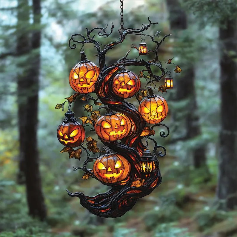 🎃 Turn Your Window Into a Halloween Glow Scene ✨ Pumpkin Tree Suncatcher – Faux Stained Glass Magical Fall Decor-ZZ