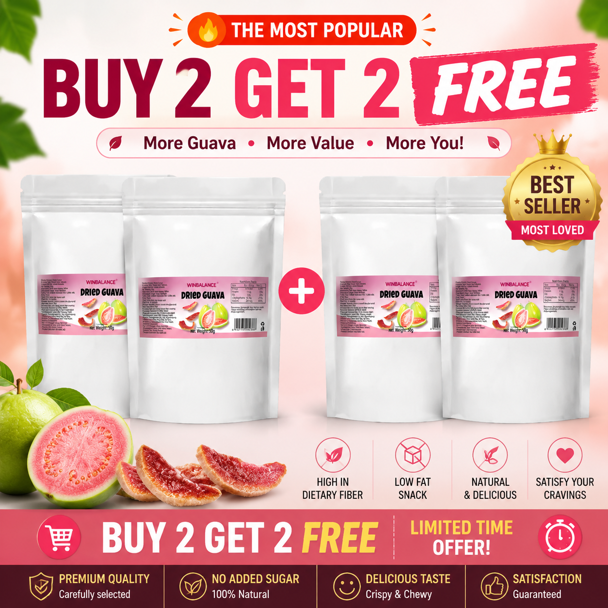 💪 Boost Your Energy & Curb Cravings – Natural Red Guava Slices, High in Fiber 🌿-YQ